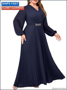 Plus Size Chiffon Formal Maxi Dress Pleated V-Neck Wedding Guest Gown